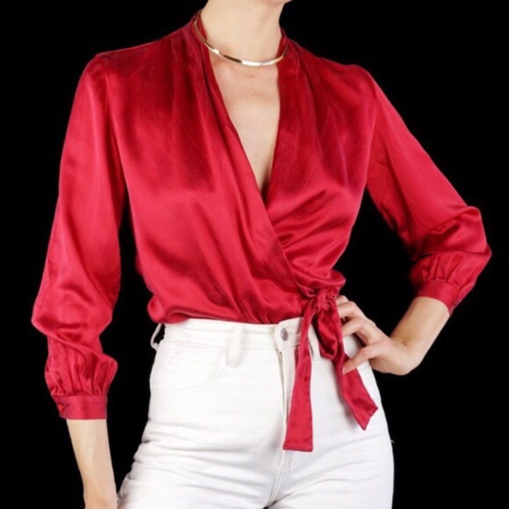 Vintage red silk wrap top